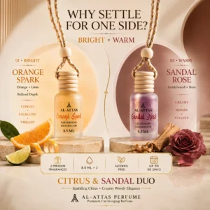 Citrus & Sandal Duo | Orange Spark + Sandal Rose Car Hanging Perfume Combo | 8.5 ML × 2