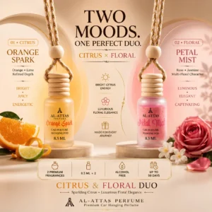 Citrus & Floral Duo | Orange Spark + Petal Mist Car Hanging Perfume Combo | 8.5 ML × 2