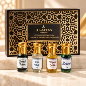 AL-ATTAS Premium Attar Combo Pack – 4 × 6 ml | Jannatul Firdaus, White Musk, Mysore Sandal & Khumar
