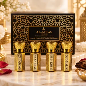 AL-ATTAS Premium Attar Combo Pack – Oud Rose | Musk Rijali | Ruh Khus | Oud Maliki | 4 × 6ml Alcohol-Free Attars
